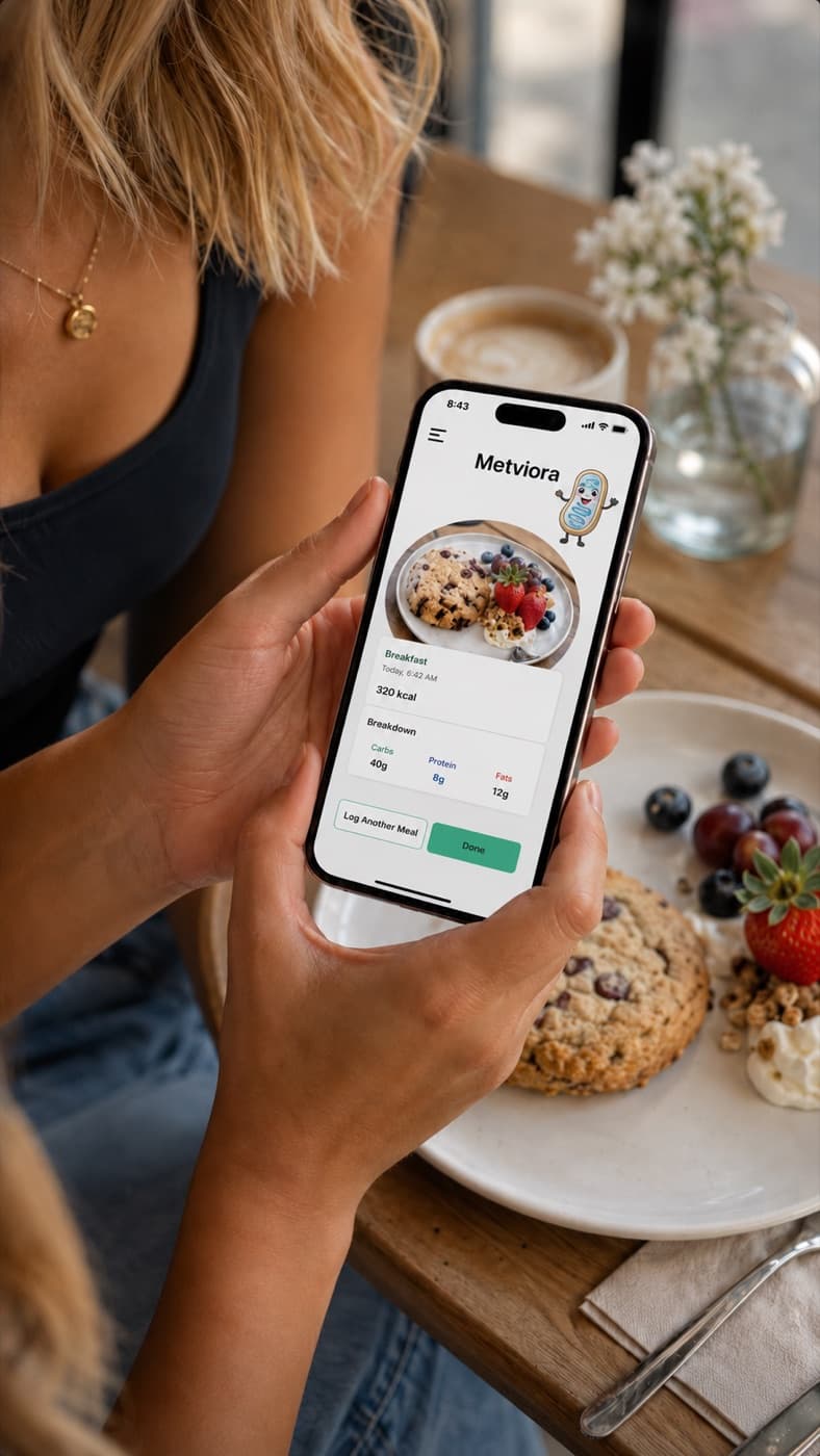 Usuária analisando o café da manhã com o Metviora no celular